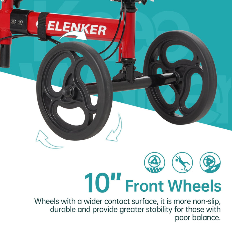 ELENKER STEERABLE DELUXE MEDICAL KNEE WALKER 10" WHEELS - RED - Like New