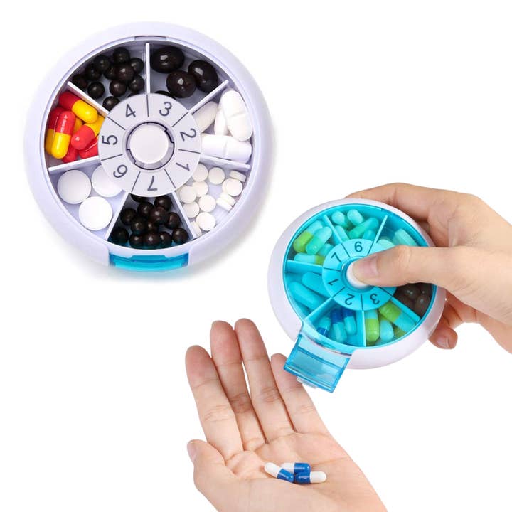 GENERIC TRAVEL PILL ORGANIZER, 7 COMPARTMENTS - WHITE/BLUE - Like New