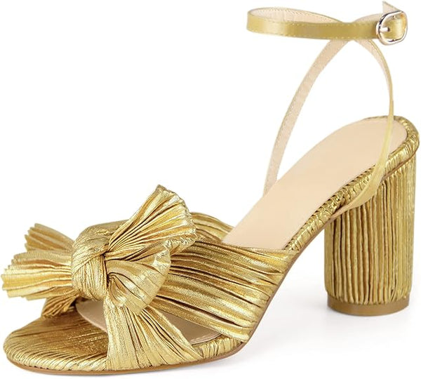 GENERIC WOMEN'S BOW KNOT ANKLE STRAP OPEN TOE HIGH BLOCK SANDALS - 11.5 - GOLD - Like New