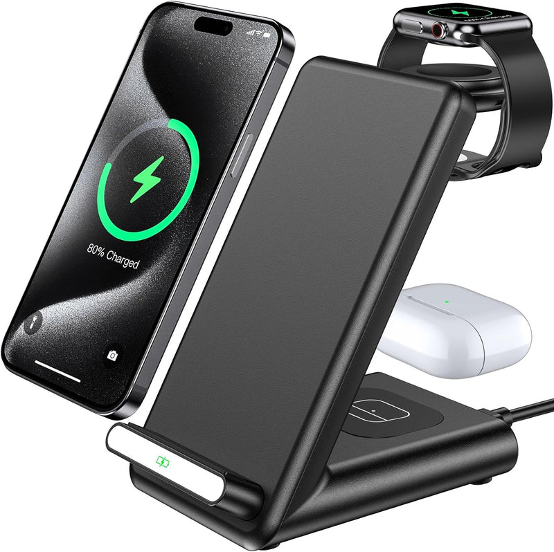 QKXC X3-PRO Apple Wireless Charging Station, 3 in 1 Charging Stand - BLACK Like New