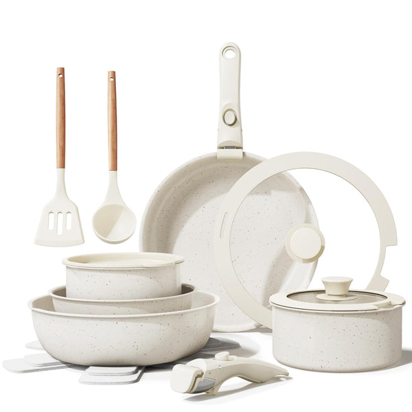 BAZOVA BZ101 CERAMIC NONSTICK COOKWARE SET, 17-PIECES, REMOVABLE HANDLES - WHITE - Like New