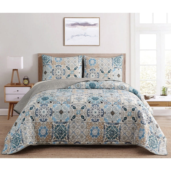 DAN RIVER REVERSIBLE PRINTED QUILT SET (3 PIECE) - KING - BLUE PATCHWORK TILE - Brand New
