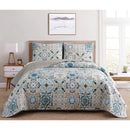 DAN RIVER REVERSIBLE PRINTED QUILT SET 3 PIECE FULL QUEEN - BLUE PATCHWORK TILE - Brand New