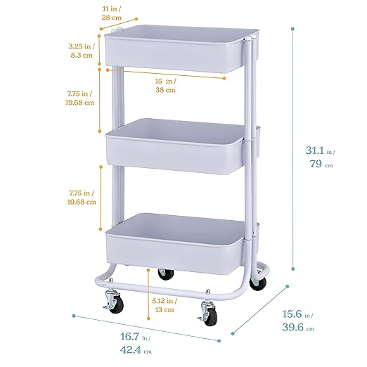 ECR4Kids 3-Tier Metal Rolling Utility Cart Multipurpose Storage - White Like New