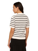 ADRIANNA WOMENS POINTELLE POLO STRIPED SWEATER-V-PLACKET--IVORY/BLACK--L - Brand New