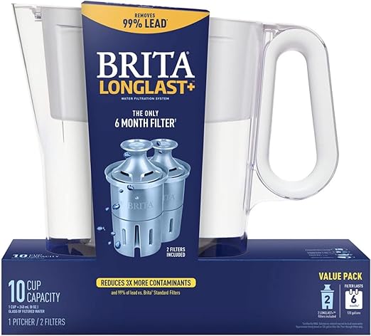BRITA LARGE 10-CUP WATER FILTER PITCHER WITH 2 LONGLAST+ FILTERS, WAVE - Like New