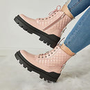 TINSTREE Womens Combat Boots Lace up Ankle Waterproof Platform Shoes Pink 9.5 - Brand New