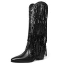 DOREENDORIS Fringe Boots for Women Metallic Cowboy Boots Pointed Toe - Brand New