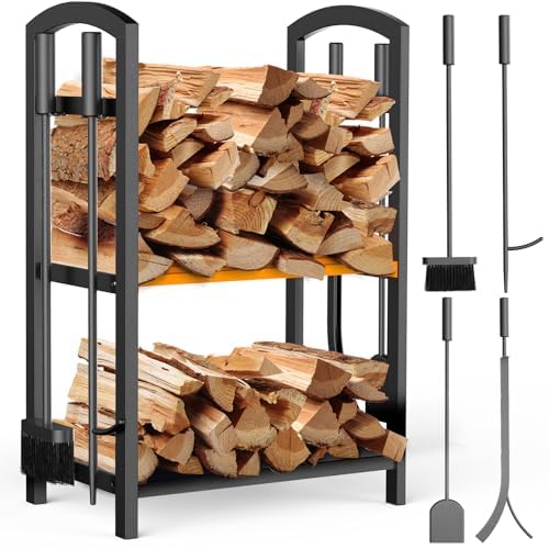 MEOLIGR FIREWOOD RACK INDOOR DOUBLE-LAYER FIREPLACE TOOLS SET BLACK/ORANGE - Like New
