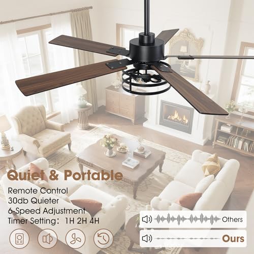 VACZON 52" Farmhouse Ceiling Fans Lights Remote Ceiling Fan, Brown/Black - Brand New