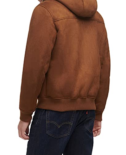 LEVI'S MEN'S BUFFED COW LEATHER HOODY BOMBER BROWN FAUX SHEARLING-BROWN-L - Brand New