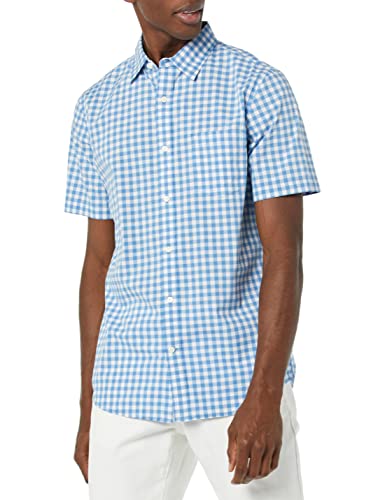 AMAZON ESSENTIALS MEN'S SLIM-FIT SHORT-SLEEVE POPLIN SHIRT LIGHT BLUE GINGHAM - Brand New