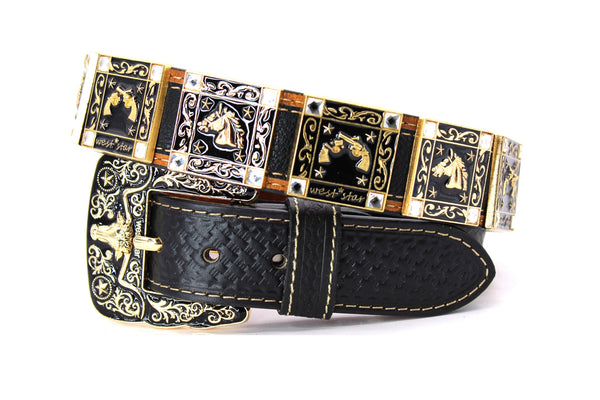 WEST STAR TEXAS CONCHO BELT- #783 DOUBLE GUNS - BK BASKETWEAVE - Like New