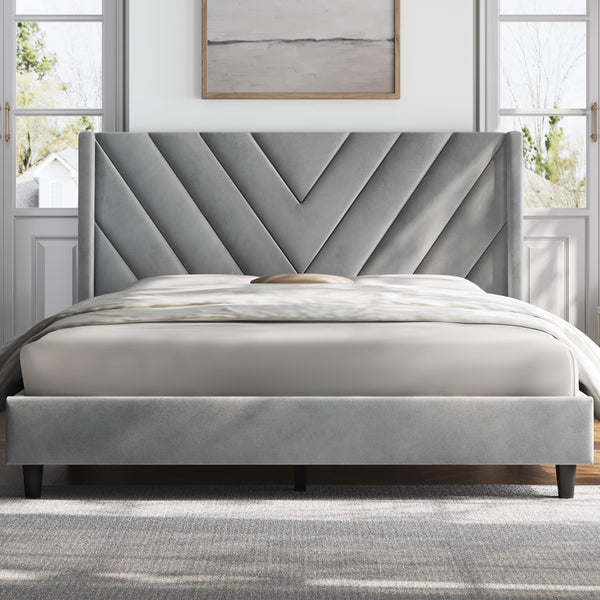 YAHEETECH UPHOLSTERED PLATFORM BED FRAME WOODEN SLAT SUPPORT QUEEN - LIGHT GRAY - Like New