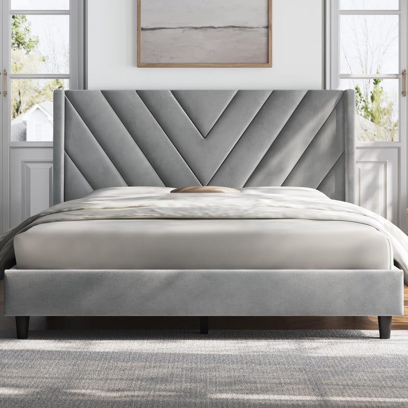 YAHEETECH UPHOLSTERED PLATFORM BED FRAME WOODEN SLAT SUPPORT QUEEN - LIGHT GRAY - Like New
