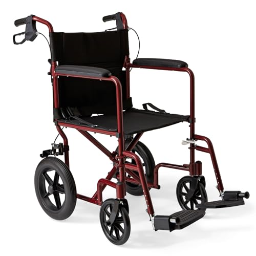 MEDLINE FOLDABLE TRANSPORT WHEELCHAIR HANDBRAKES 12" WHEELS FRAMES - RED/BLACK - Like New