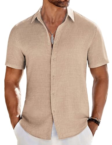 COOFANDY MEN'S CASUAL BUTTON DOWN SHIRTS SHORT SLEEVE SUMMER BEACH - M - KHAKI - Like New