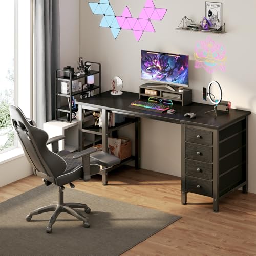 Lufeiya Gaming Desk with 4 Fabric Drawers & Storage Shelves 47 Inch - Black - Like New