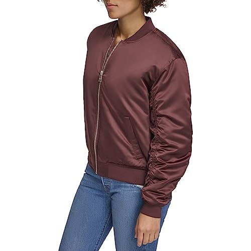 Levi's Womens Fashion Bomber Jacket Ruching On Sleeves Dark Chocolate L - Brand New