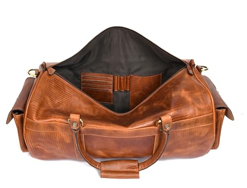 AARON LEATHER GOODS DUFFLE BAG MEN 35L OVERNIGHT WEEKENDER GARMENT - TAWNY - Like New