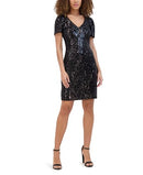 KENSIE WOMEN'S SHORT SLEEVE V-NECK SEQUIN MESH MINI DRESS SIZE 14 BLACK/SILVER - Brand New
