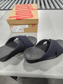 FITFLOP WOMEN'S GEO-WEBBING CROSS SLIDES - SIZE: WOMEN 7- BLACK MIX - Like New