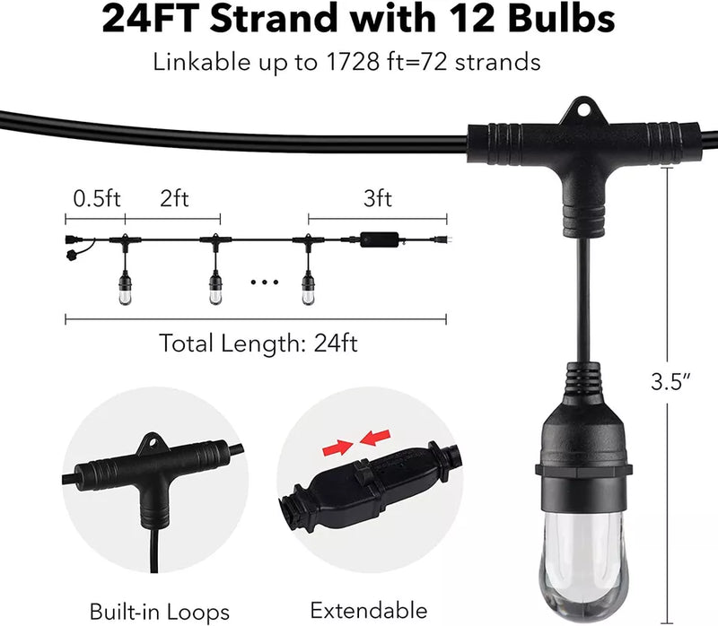 HBN 24FT OUTDOOR RGBW SMART STRING LIGHTS 12 BULBS, HBN-24-RGBW - BLACK Like New