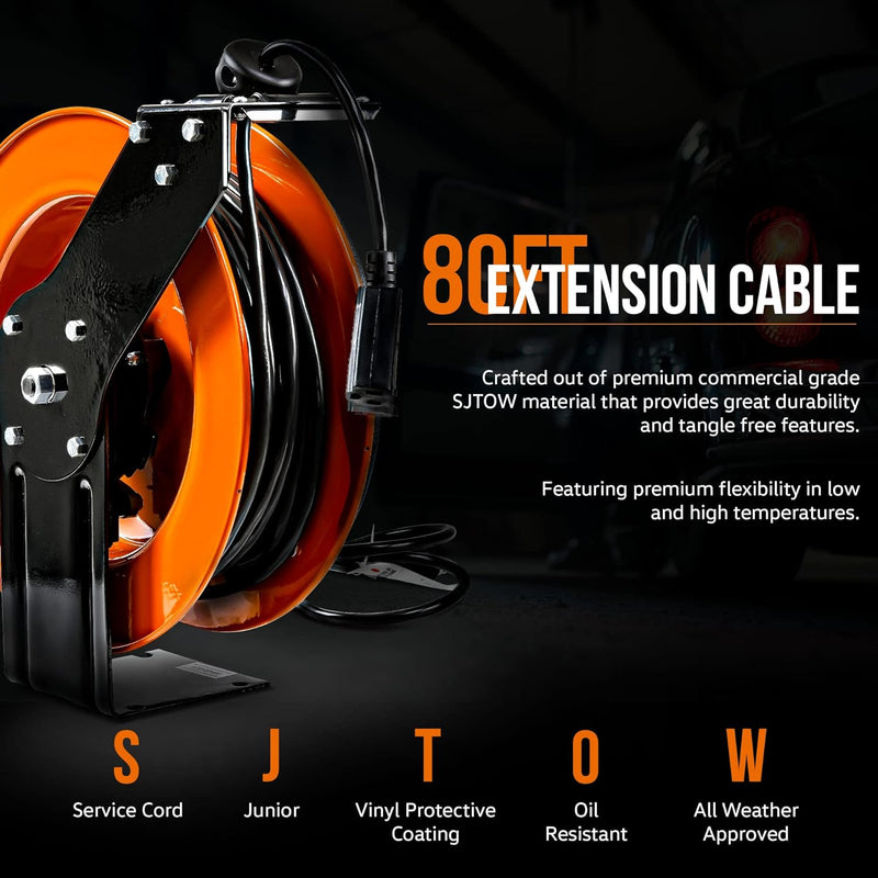 SuperHandy Extension Cord Reel Retractable 12AWG x 80 Foot GUR071 - Orange/Black - Like New