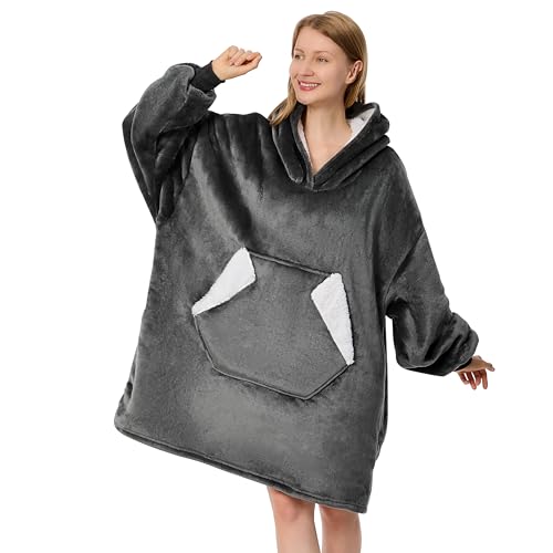RAMEES WEARABLE BLANKET HOODIE OVERSIZED SHERPA FLEECE BLANKET SLEEVES - GRAY - Like New