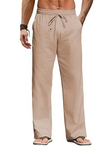 COOFANDY MEN'S CASUAL LINEN PANTS ELASTIC WAIST DRAWSTRING KHAKKI SIZE SMALL - Like New
