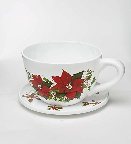 801946228967 WIND & WEATHER TEA CUP PLANTER & SAUCER POINSETTIA New