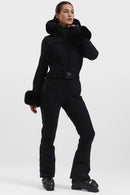 GSOU SNOW FAUX FUR SHIRRED WATERPROOF ONE-PIECE SKI SUIT - SIZE: S - BLACK - Brand New
