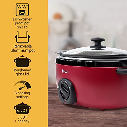 ICOOK USC-65-OP001RD 6.5 Quart Slow Cooker Aluminium Sear/Sauté Stew Pot - RED Like New