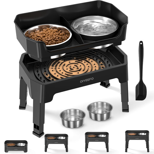 OIYEEFO 3 IN 1 Elevated Dog Bowls Mess Proof Raised 4 Height Adjustable - Black - Like New