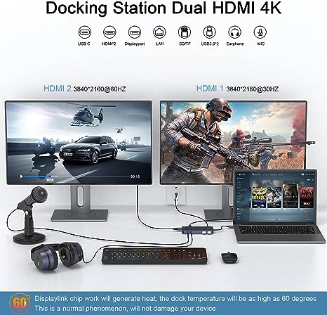 QGeeM USB 3.0 Docking Station USB C Hub Dual HDMI 4K DisplayPort D6906 - Gray New