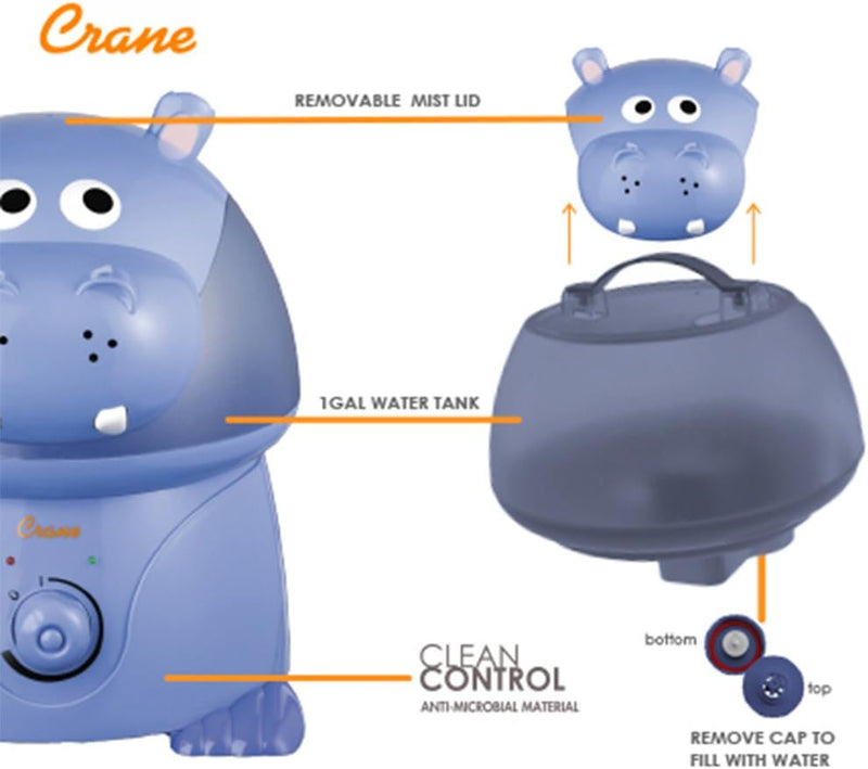 CRANE ADORABLES ULTRASONIC HUMIDIFIERS HUMIDIFIER OPTIONAL HIPPO - BLUE/PURPLE Like New