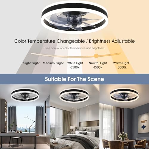 AHAWILL 15.7" MODERN CEILING FAN WITH LIGHTS, FLUSH MOUNT, REMOTE - BLACK - Like New