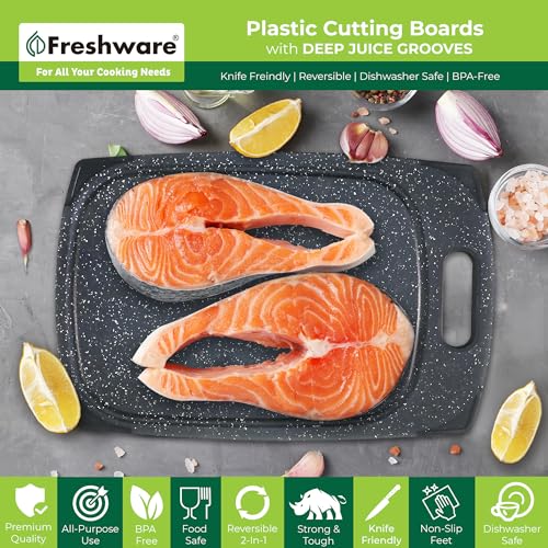FRESHWARE PLASTIC CUTTING BOARD SET OF 3 JUICE GROOVES BC-330BK - BLACK MARBLE - Brand New