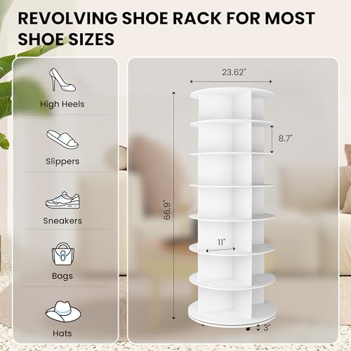 GUJIAM 7 Tier 66.9in Spinning Shoe Rack Tower 360 with Wheels - White - Like New