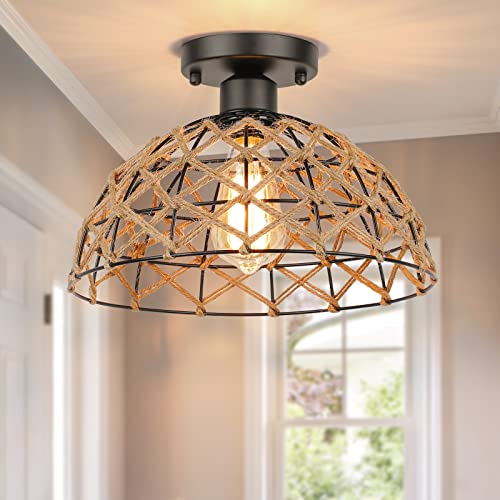 Boho Semi Flush Mount Light Fixture, Woven Flush Mount Ceiling Light C6215-01-BK Like New