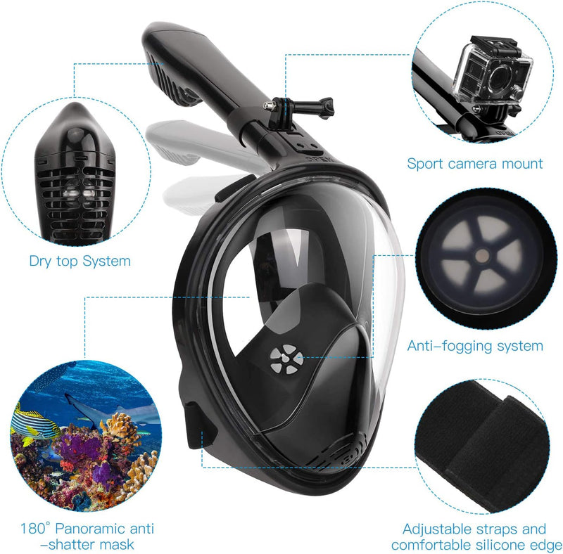 UNIGEAR KIDS FULL FACE SNORKEL 180 PANORAMIC VIEW SNORKELING MASK L/XL - BLACK - Like New