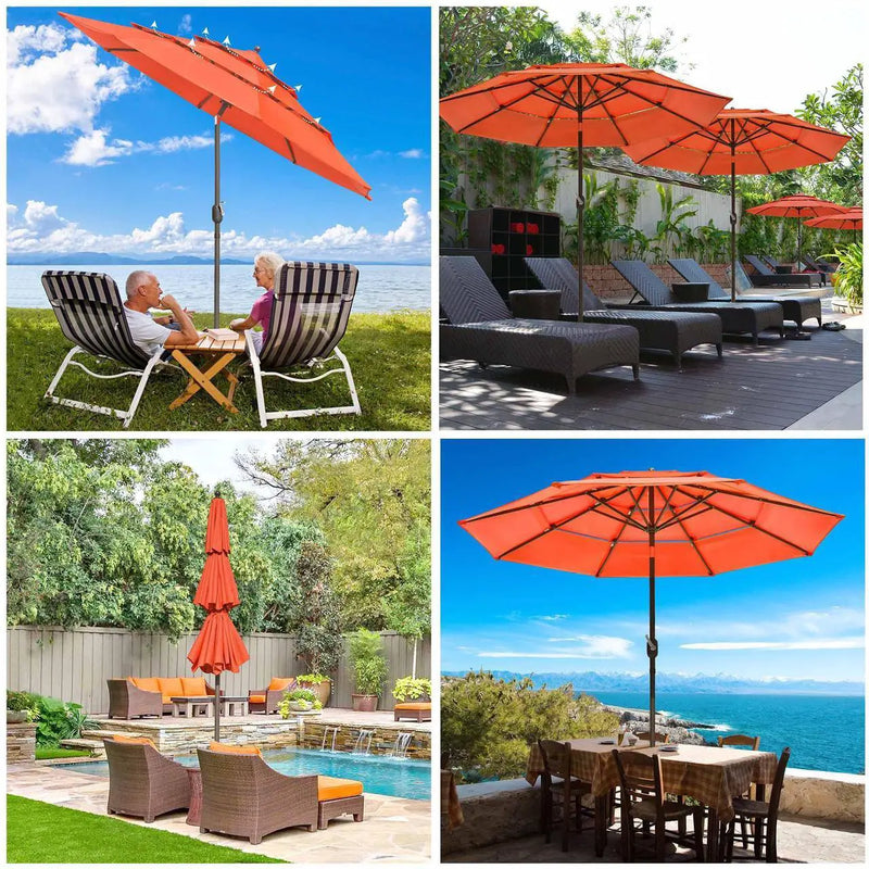 YESCOM 10 FT 3 TIER PATIO UMBRELLA CRANK HANDLE PUSH TO TILT HOTEL POOL - ORANGE - Like New