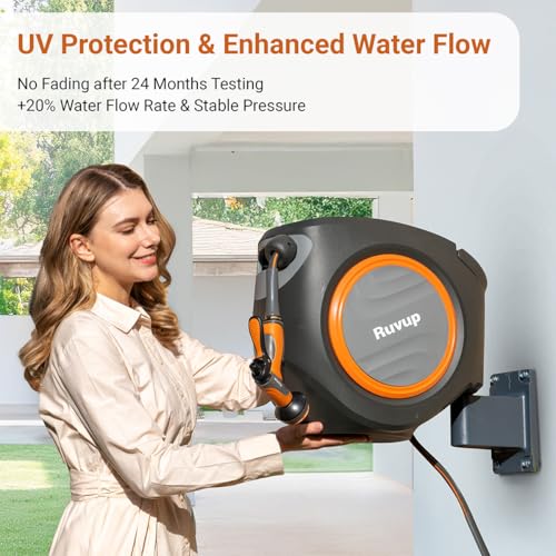 R RUVUP RETRACTABLE GARDEN HOSE REEL 5/8X 100FT W MOUNT 810 - DARK GRAY - Like New