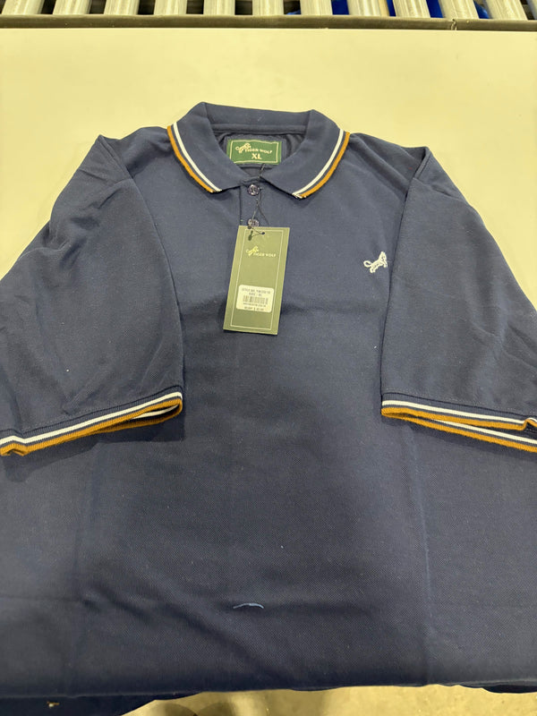 TIGER WOLF 3 BUTTON POLO SHIRT - SIZE: MEN XL - NAVY/WHITE/BROWN - Brand New
