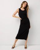 WHITE HOUSE BLACK MARKET RUCHED SLEEVELESS MIDI DRESS - SIZE: WOMEN M - BLACK - Like New