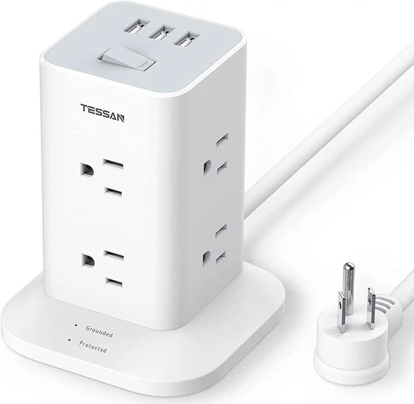 TESSAN POWER STRIP TOWER SURGE PROTECTOR, 6 FEET, 1875W, WHITE - Like New