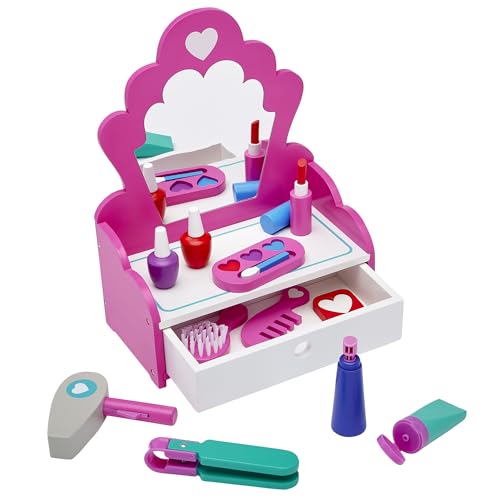 ROSEART WOODEN FASHION VANITY PLAY SET, 12 PIECE PRETEND PLAY HAIR - MULTICOLOR - Like New