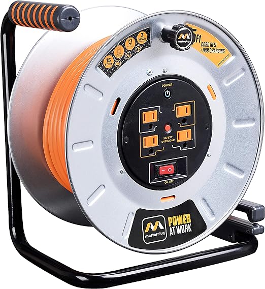 Masterplug 75Ft 4 Sockets 15A 12AWG Metal Reel OTLP751512G4SL-US - Orange Like New