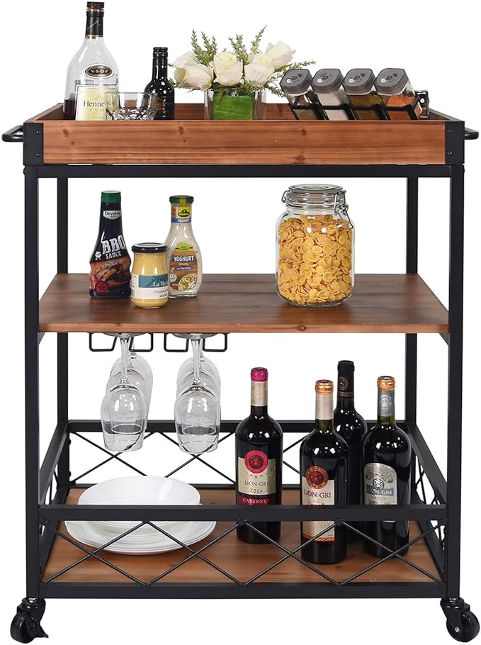 CharaVector Solid Wood Bar Serving Rolling Kitchen Storage Cart Rustic Brown Like New