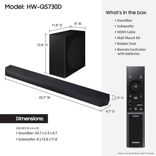 SAMSUNG QS730D 3.1.2CH SOUNDBAR WIRELESS DOLBY ATMOS AUDIO SUBWOOFER - BLACK - Like New